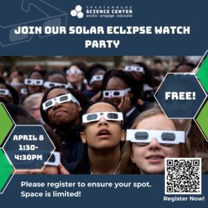 Spartanburg Science Center - Join our solar eclipse watch party, FREE! April 8, 1:30 - 4:30 pm. Please register to ensure your spot. Space is limited!