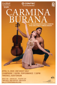 Carmina Burana with the Spartanburg Master CHorale & Orchestra Petrie School of Music at Converse University. April 13, 2024. ONE NIGHT ONLY. Champagne at 7 PM, Performance at 7:30 PM. Twichell Auditorium. Adult $30, Senior $25, Student $20. Twichell Box Office: 596-9724 balletspartanburg.org